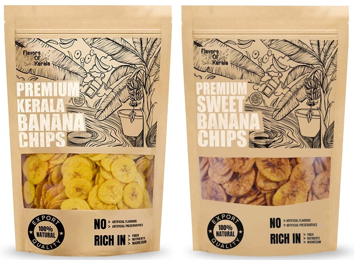 FLAVORS OF KERALA (FOK) | Combo | Kerala Banana Chips Wafers In Coconut Oil (300 GM) & Sweet (Ripened) Banana Chips Wafers (200 GM) |