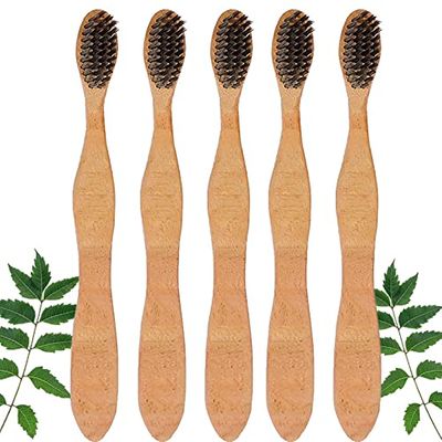 Mini Storify Truly Organic The Pledge Therapeutic Neem Manual Toothbrush Adult Slim Handle Anti-Plaque Medium Bristles Pack Of 5,Brown