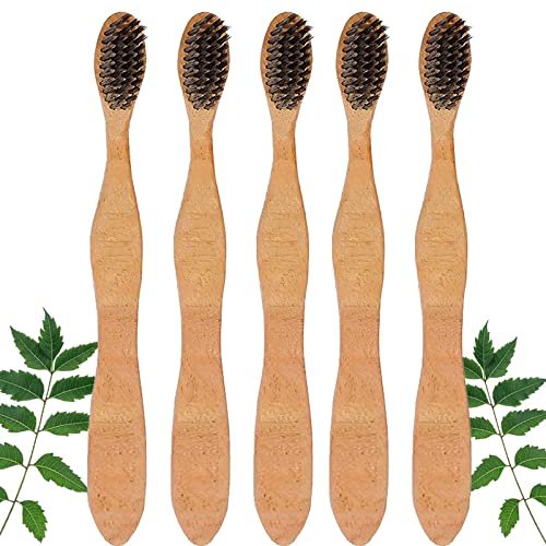 Mini Storify Truly Organic The Pledge Therapeutic Neem Manual Toothbrush Adult Slim Handle Anti-Plaque Medium Bristles Pack Of 5,Brown
