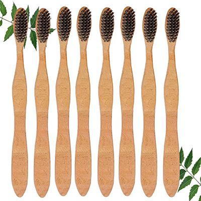 Mini Storify Truly Organic Neem Toothbrush - Pack of 8 Adult, Charcoal Activated Soft Bristles, Biodegradable, Eco-friendly, wooden brush