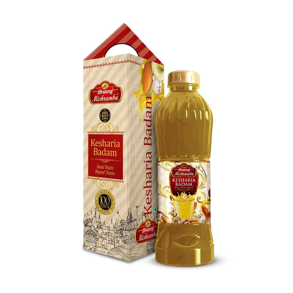 Mishrambu Kesharia Badam Drynut Syrup (Pack of 2) | Kesar Badam Thandai | Dry Fruit Sharbat | Instant Refreshing Summer Drink | Use with Milk Only | 1500ml (750 ml each), Liquid