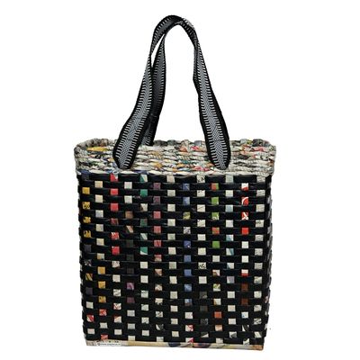 Sonas Creation Paperus Re-usable Small Black Check Carry Bag, Shopping Bag, Handbag, Tiffin Basket, Lunch Bag, Eco-friendly, Handmade, of Paper Ropes 11 In Tall 10 In Length 5 In Wide Base