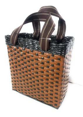 Sonas Creation Paperus Re-usable Small Light & Dark Brown Carry Bag, Shopping Bag, Tiffin Basket, Lunch Basket, Eco-Friendly, Handmade, of Paper Ropes 11 in Tall 10 in Length 5 in Wide Base