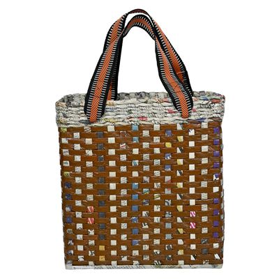 Sonas Creation PAPERUS Re-usable Small Brown Check Carry Bag | Shopping Bag | Handbag | Tiffin Basket | Lunch Bag, Eco-Friendly Handmade of Paper Ropes 11 in Tall 10 in Length 5 in Wide Base