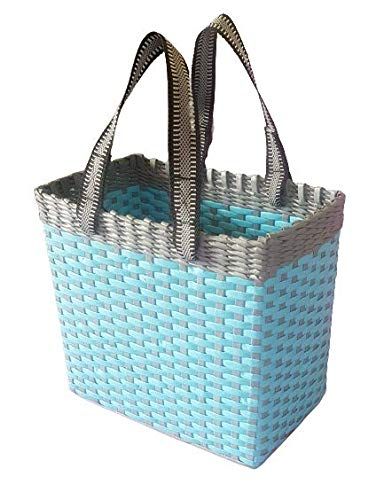 Sonas Creation Paperus, Medium, Sky Blue & Grey Lunch Bag, Picnic Basket, Handbag, Tiffin Basket for Office, Rectangular, Eco-Friendly, Handmade, of Paper Ropes, in Inch 11 H, 12 L, 6 Wide Base