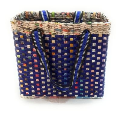 Sonas Creation Paperus, Medium, Blue Check Lunch Bag, Picnic Basket, Carry Bag, Handbag, Tiffin Basket for Office, Rectangular, Eco-Friendly, Handmade, of Paper Ropes, in Inch 11 H, 12 L, 6 Wide Base