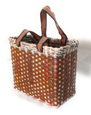 Sonas Creation Paperus, Medium, Brown Check, Lunch Bag, Picnic Basket, Carry Bag, Tiffin Basket for Office, Rectangular, Eco-Friendly, Handmade, of Paper Ropes, in Inch 11 H, 12 L, 6 Wide Base