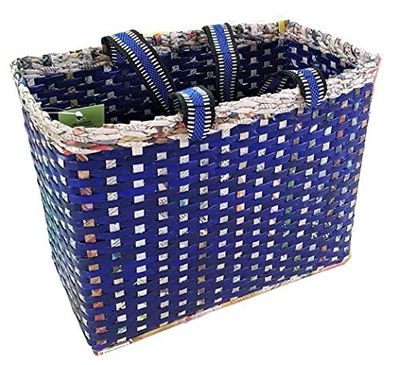 Sonas Creation Paperus, Large, Lunch Bag, Picnic Basket, Carry Bag, Handbag, Tiffin Basket for Office; Rectangular, Eco-Friendly, Handmade, of Paper Ropes, in Inch 11 H, 14 L, 7 Wide Base Blue