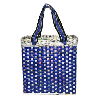 Sonas Creation Paperus Re-usable Small Blue Check Tote, Carry Bag, Shopping Bag, Handbag, Tiffin Basket, Lunch Bag, Eco-friendly Handmade of Paper Ropes 11 In Tall 10 In Length 5 In Wide Base