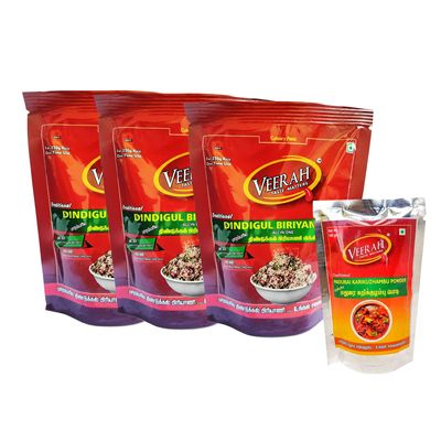 Veerah Foods Dindigul Biriyani Mix 600g (Pack of 3) and Madurai kari Kuzhambu Powder 100g(Pack of 1)
