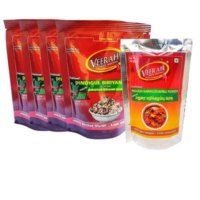 VEERAH-TASTE MATTERS Foods Dindigul Biriyani Mix 800G (Pack Of 4) And Madurai Kari Kuzhambu Powder 100G(Pack Of 1)