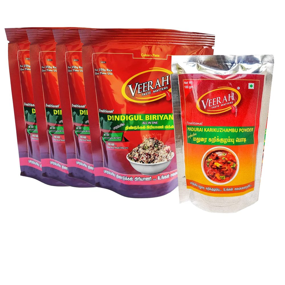 VEERAH-TASTE MATTERS Foods Dindigul Biriyani Mix 800G (Pack Of 4) And Madurai Kari Kuzhambu Powder 100G(Pack Of 1)