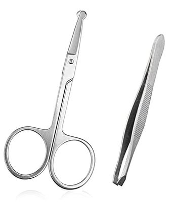 ayushicreationa Professional Stainless Steel Tweezers with Round Tip Scissors for Women Eyebrow Eyelash Facial Grooming Beauty Tools Pack of 2