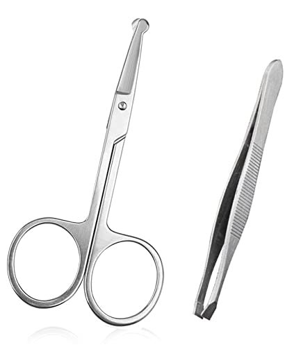ayushicreationa Professional Stainless Steel Tweezers with Round Tip Scissors for Women Eyebrow Eyelash Facial Grooming Beauty Tools Pack of 2