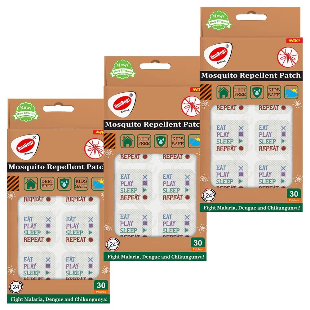 RunBugz Mosquito Repellent Patches For Kids - 30 Patches - Pack of 3 -with 12hr. Protection With Citronella, Lemongrass & Eucalyptus Oil Protects from Dengue, Malaria, Chikungunya