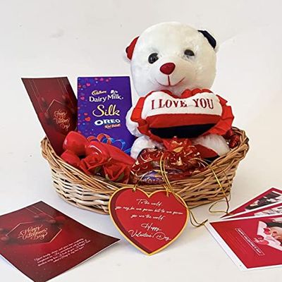 Angroos Lovely valentines day gift hampers with elegant Teddy, Chocolates, Couple pot, Cards