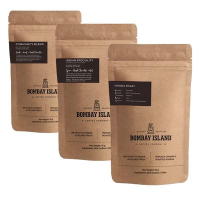 Bombay Island Coffee Taster Pack | Dark Roast | Pack of 3 x 75 Gm | Freshly Roasted 100% Arabica | Turkish Grind