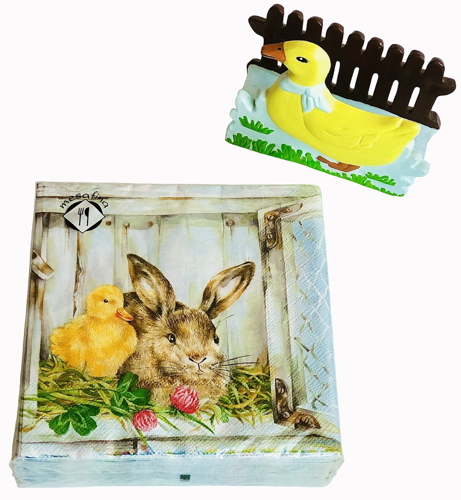 40-ct 5x5 Bunny Friend Napkin | Bunny & Ducky Cocktail Napkin | Light Blue Paper Napkin for Brunch Buffet | Happy Easter