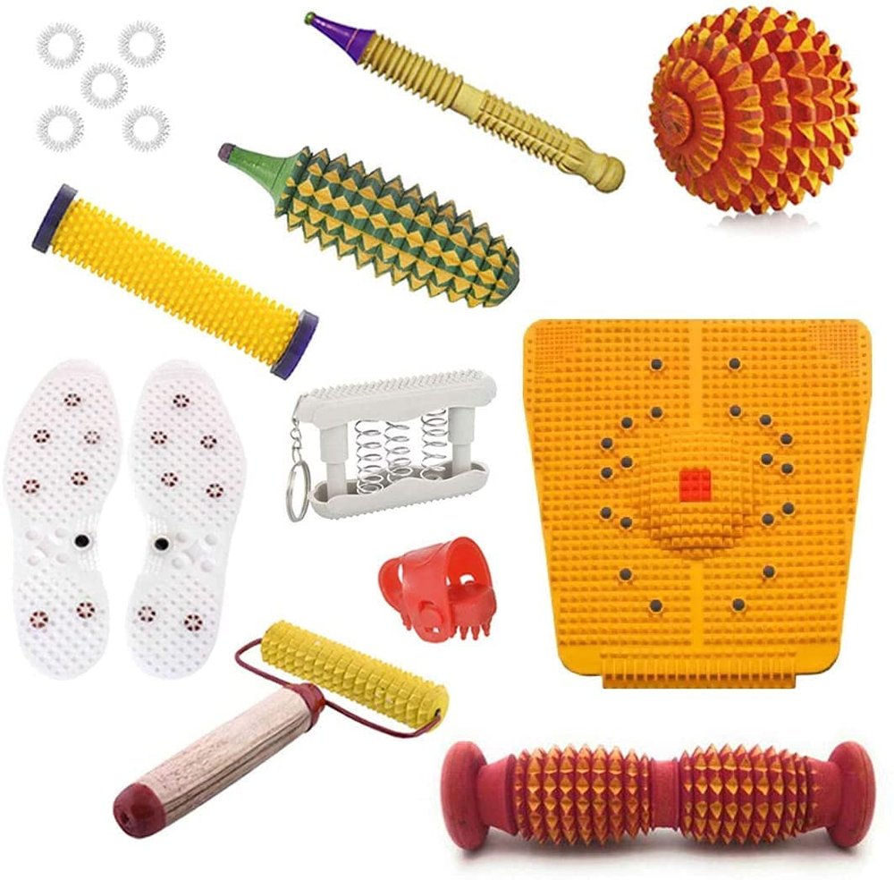 4beauty Therapy Acupressure Massager Tools Combo Kit for Stress and Pain Relief with Foot Roller (Pyramidal cuts)(Wooden) Massager (Multicolor)
