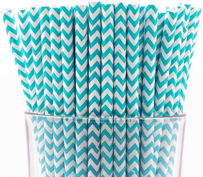 CHOCO DECOR Disposable Paper Striped Straws - Turquoise Colour (6 mm)- Pack of 100 Pcs