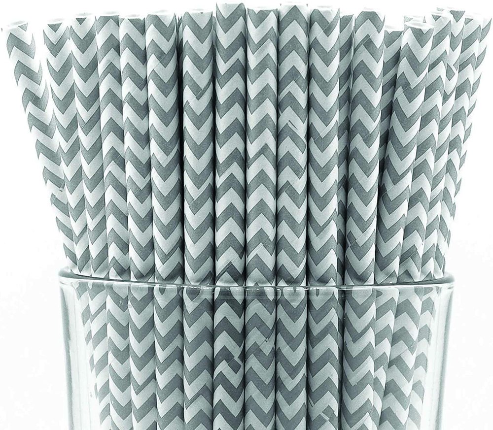 CHOCO DECOR Disposable Paper Striped Straws - Gray Chevron Colour (6 mm)- Pack of 100 Pcs