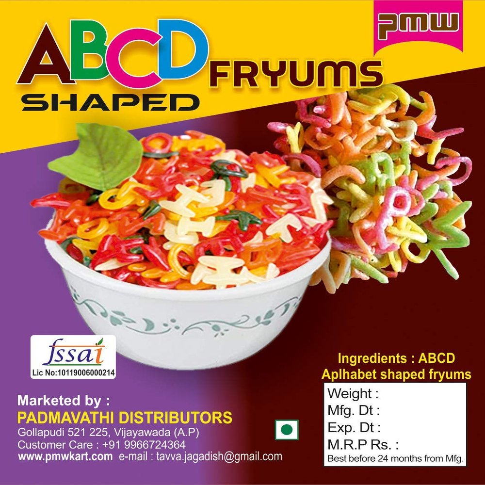 Pmw - Grade A Quality - Multi Coloured Alphabet Snacks - Multi Coloured Fryums - Raw - Vadiyalu - 500 Grams - Free 15 Gram Fryums Masala Powder