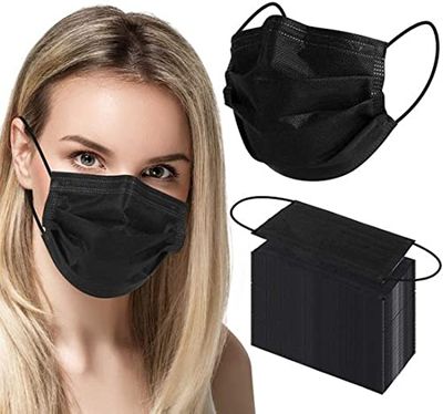 Dr.Bohrras Disposable Black Surgical Mask 3ply with Nose Pin Pack of 100 Pain Free Comfortable Super Soft Ear Elastic Loops (ISO/CE/WHO GMP Certified) for Dust Protection Travel
