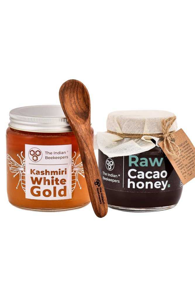 The Indian Beekeepers Combo Pack of 2 - Kashmiri White honey Pure White Gold, 365 gm (Wooden Spoon Free) + Raw Cacao Honey, Healthy Chocolate Spread, No Added Sugar, No Preservatives, 320 gm