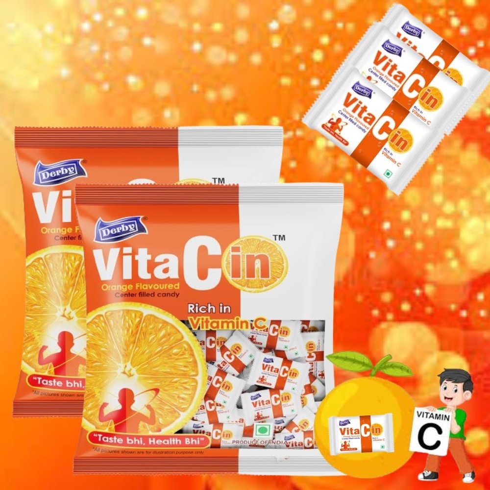 Derby Combo of VitaCin Poly Pouch / 100pieces each packet / Orange Flavoured Candies Enriched with Vitamin C / Vitamin C Candies / Healthy Combo Pack of 2 / Suitable for Men, Women and Children / Parties Pack / Birthday Paryt Pack / Anniversary / Cel