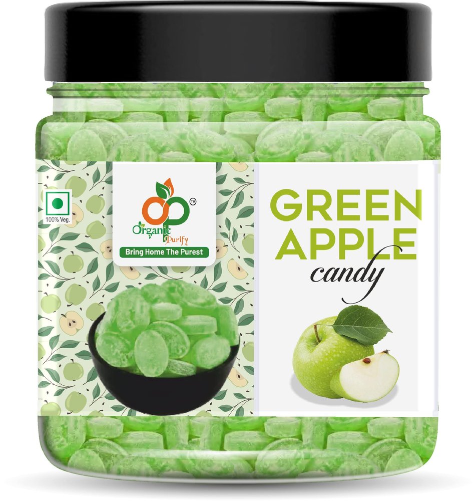 ORGANIC PURIFY Green Apple Candy Jar Pack 400 Gram Vegeterian | Flavoured Fruit Candies For Kids And Adults | No Transfat | Family Pack Jar | Khatti Meethi Goli | Sweet And Sour Candy