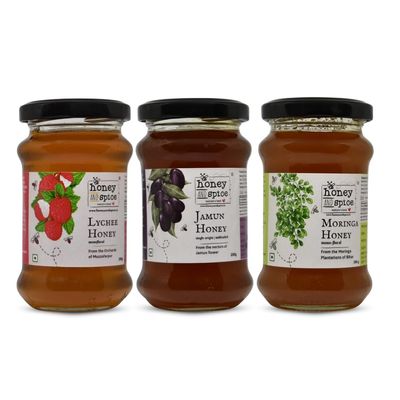 Honey and Spice Mono-Floral Honey Combo (200g, Pack of 3) | Moringa, Jamun and Lychee | No Added Preservatives | 100% Raw and Pure | Unblended and Unpasteurized | Natural and Original | Unprocessed | No Added Sugar