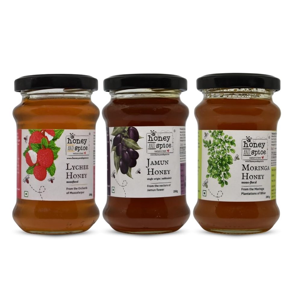 Honey and Spice Mono-Floral Honey Combo (200g, Pack of 3) | Moringa, Jamun and Lychee | No Added Preservatives | 100% Raw and Pure | Unblended and Unpasteurized | Natural and Original | Unprocessed | No Added Sugar