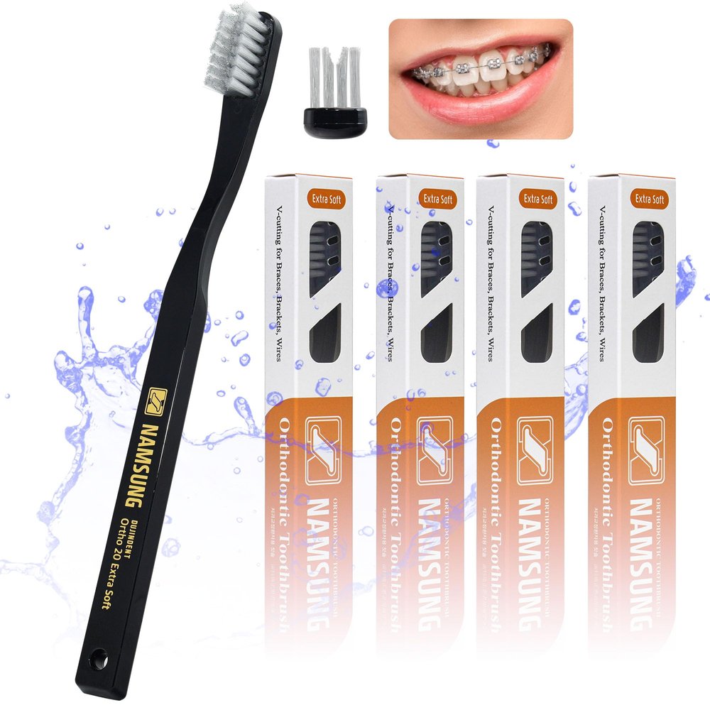 DUJINDENT Orthodontic Toothbrush 4 Packs V Trim Cutting Dupont USA Bristles for Braces Brackets Wires Cleaning (Ortho Compact 20 Extra Soft, 4 Pack)