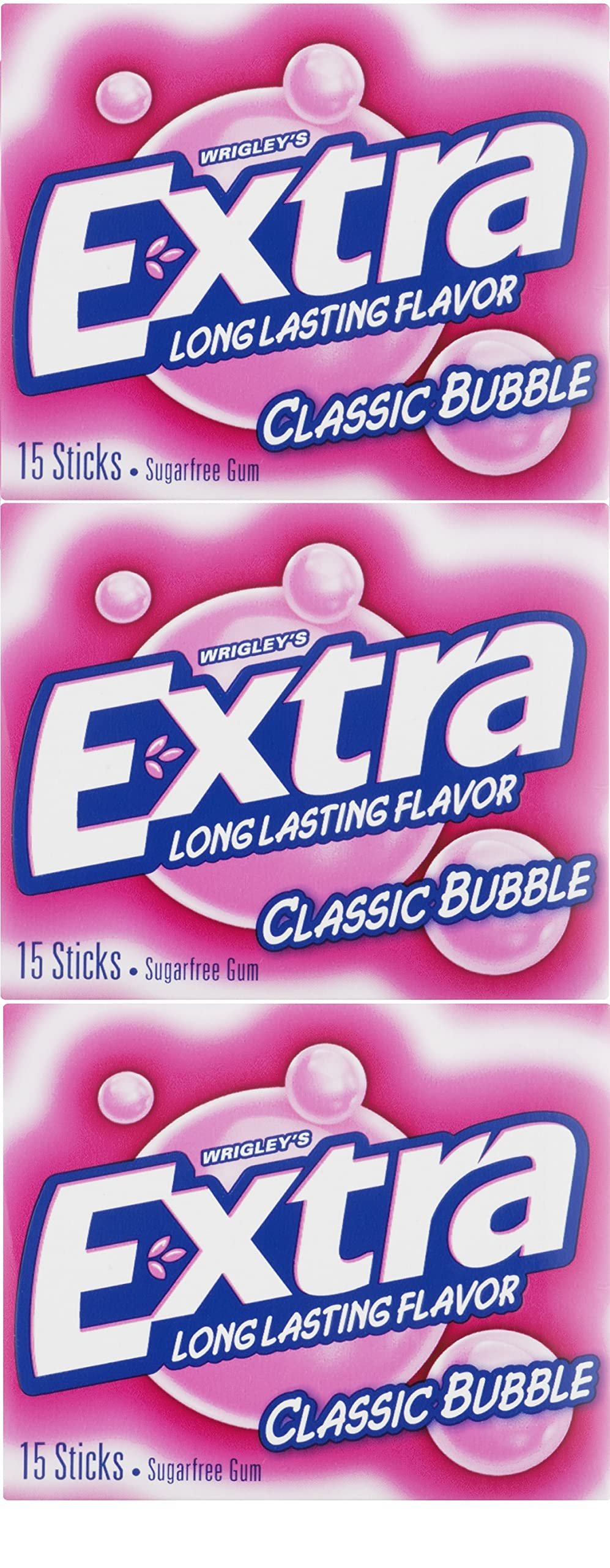 Wrigleys Extra Gum Sugar Free Classic Bubble Long Lasting Flavour Each Contain 15 Sticks Pack Of 3 (Imported)
