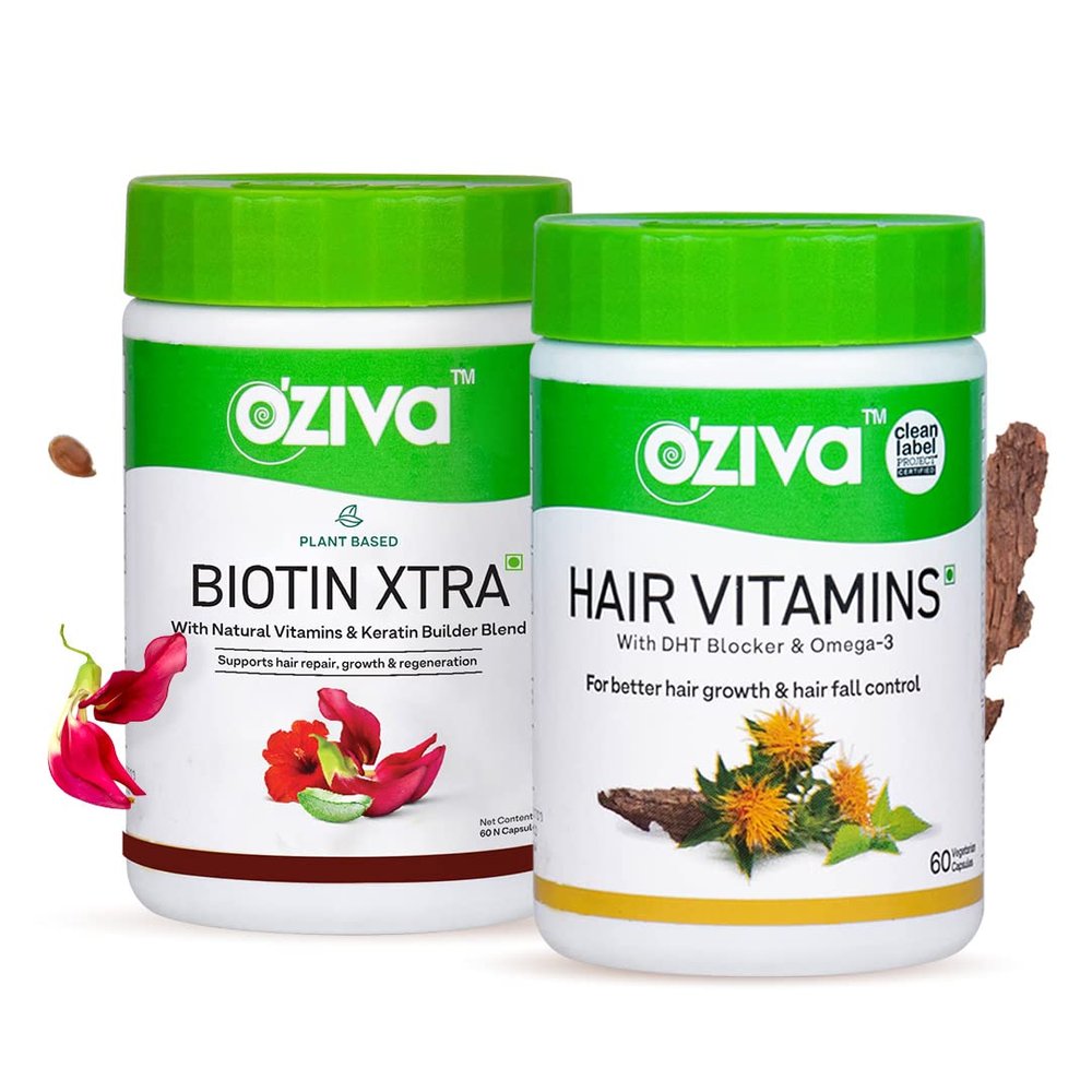 OZiva Hair Vitamins Capsules with Biotin & DHT Blocker for Hair Growth & Hair Fall Control, 60 Capsules + Plant Based Biotin Xtra with Keratin Builder for Hair Repair, 60 cap (Combo Pack)