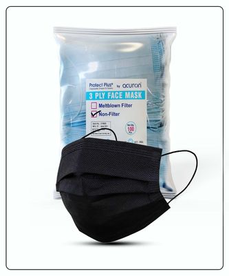 Acuron 3 Ply Non Filter Ear Loop Style Unisex Face Mask With Built-in Nose Pin | Soft Non-Woven Meltblown Layer Fabric Surgical Masks with Adjustable Nose Pin (Black, Pack of 100)