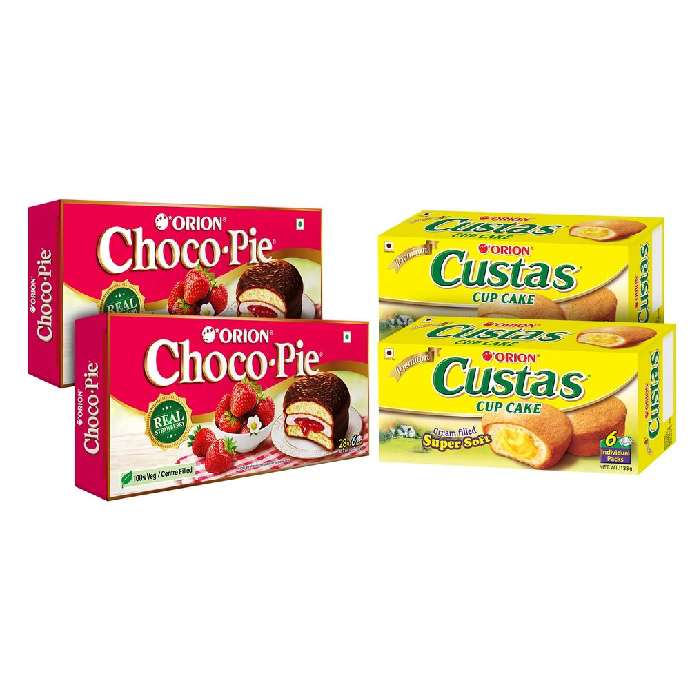 ORION Assorted Combo - Custas Cup Cake 6px2 & Strawberry Choco Pie 6px2|Korean Snack, Chocolate