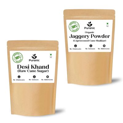 Puranic Jaggery Powder 900g & Desi Khand 900g (Combo of 1800g) | Sulphur-free Khandsari Sugar | Gur Powder 1.8 kg