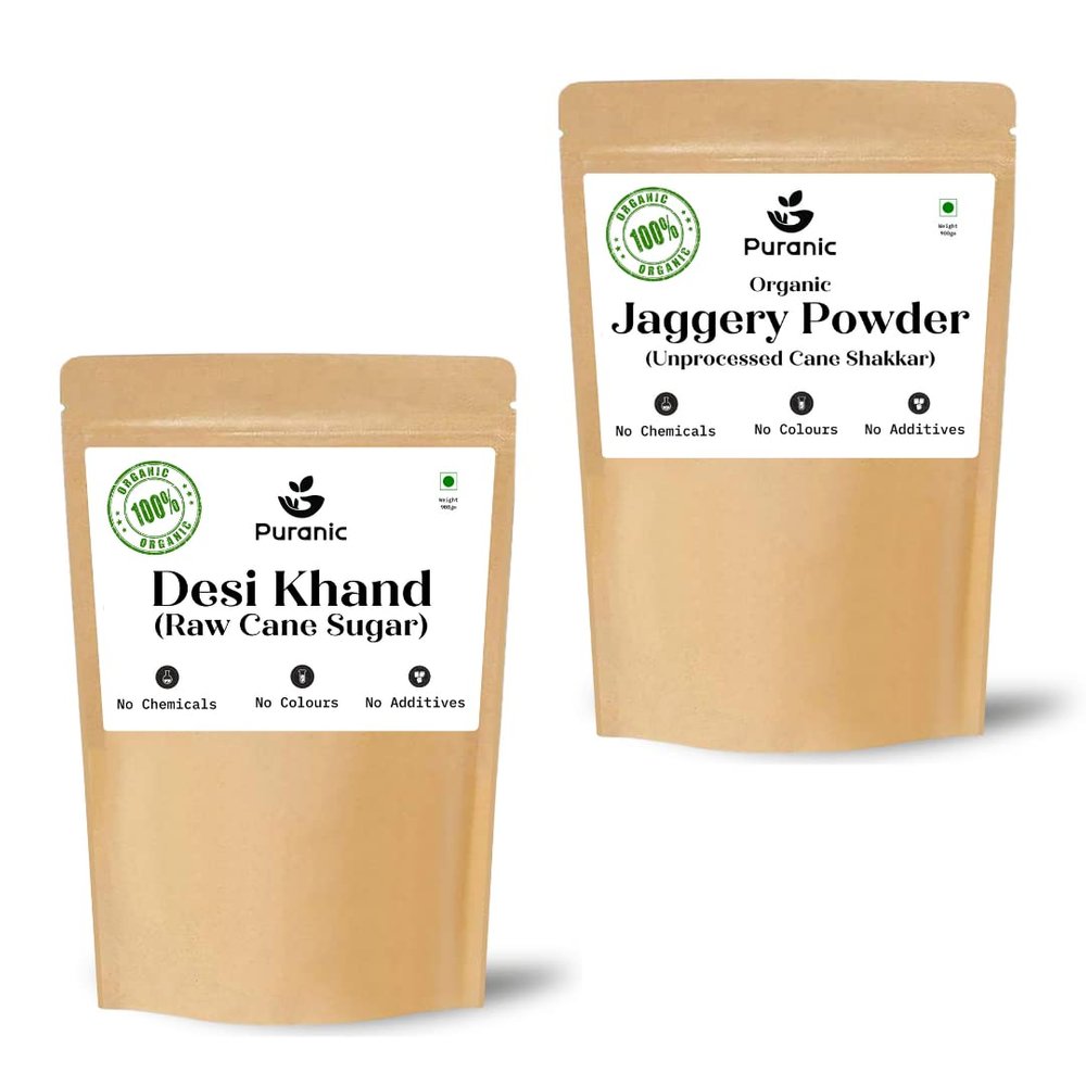Puranic Jaggery Powder 900g & Desi Khand 900g (Combo of 1800g) | Sulphur-free Khandsari Sugar | Gur Powder 1.8 kg