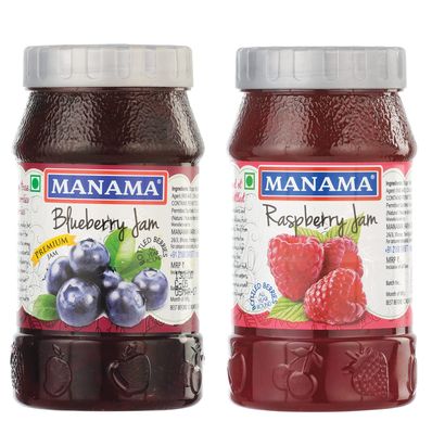 Manama Blueberry Fruit Jam and Raspberry Fruit Jam, 500GMS Each, Pack of 2