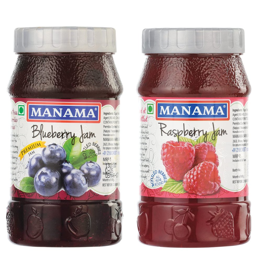 Manama Blueberry Fruit Jam and Raspberry Fruit Jam, 500GMS Each, Pack of 2