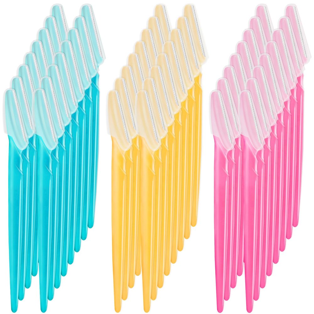 HFATMOS 48 Pcs Eyebrow Razor, Face Razor Multipurpose Dermaplaning Tool, Hair Trimmer Shaper Shaver with Protective Cover, Facial Removal for Women Men Body Use, Yellow,Blue,Pink, Count (Pack of 1)