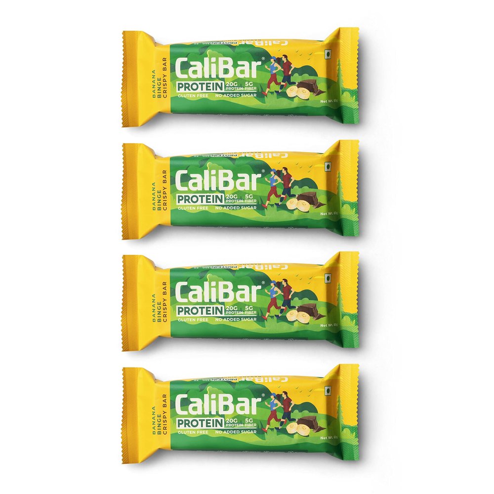 CaliBar 20g Protein Bar - Banana Binge Crispy Bar (Pack of 4) With Real Banana Bits, No Added Sugar, Gluten-Free, 5g Fiber, No Preservatives, Delicious Taste & 100% Veg. | Whey & Plant Based Protein | Guilt-Free Snacking for High Protein Diets, Susta