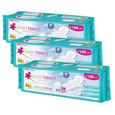 everteen XL Dry 60 Sanitary Pads for Women, 280mm Sanitary Napkin Infused with Neem-Safflower Rash Free, Skin Friendly, Advanced Leak Protection, X Large - 3 Packs (20 Pads Each)