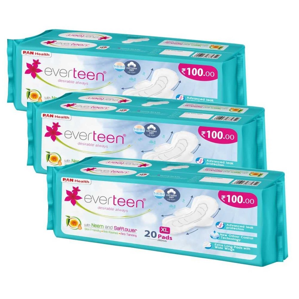 everteen XL Dry 60 Sanitary Pads for Women, 280mm Sanitary Napkin Infused with Neem-Safflower Rash Free, Skin Friendly, Advanced Leak Protection, X Large - 3 Packs (20 Pads Each)