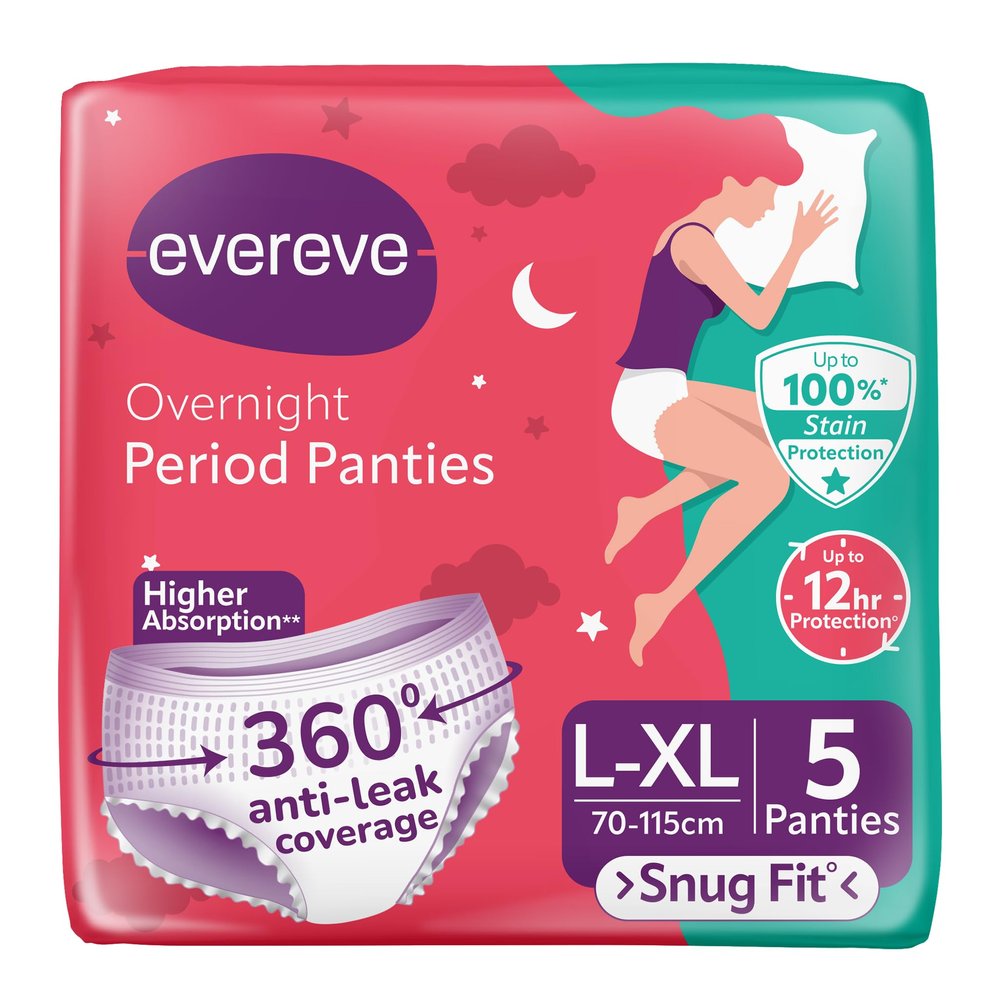 Evereve Period Panty For Girls & Women, (L-XL), 5 Pcs, 360 Degree Coverage, 0% Leaks, High Absorbency For Heavy Flow, Maternity Delivery Pads, Postpartum & Overnight Protection, Disposable Panty