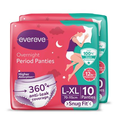 Evereve Period Panty For Girls & Women, (L-XL), 2x10 Pcs, 360 Degree Coverage, 0% Leaks, High Absorbency For Heavy Flow, Maternity Delivery Pads, Postpartum & Overnight Protection, Disposable Panty