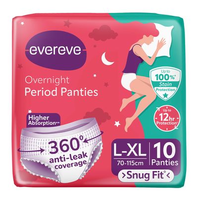 Evereve Period Panty For Girls & Women, (L-XL), 10 Pcs, 360 Degree Coverage, 0% Leaks, High Absorbency For Heavy Flow, Maternity Delivery Pads, Postpartum & Overnight Protection, Disposable Panty