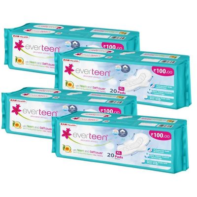 everteen XL Dry 80 Sanitary Pads for Women, 280mm Sanitary Napkin Infused with Neem-Safflower Rash Free, Skin Friendly, Advanced Leak Protection, X Large - 4 Packs (20 Pads Each)