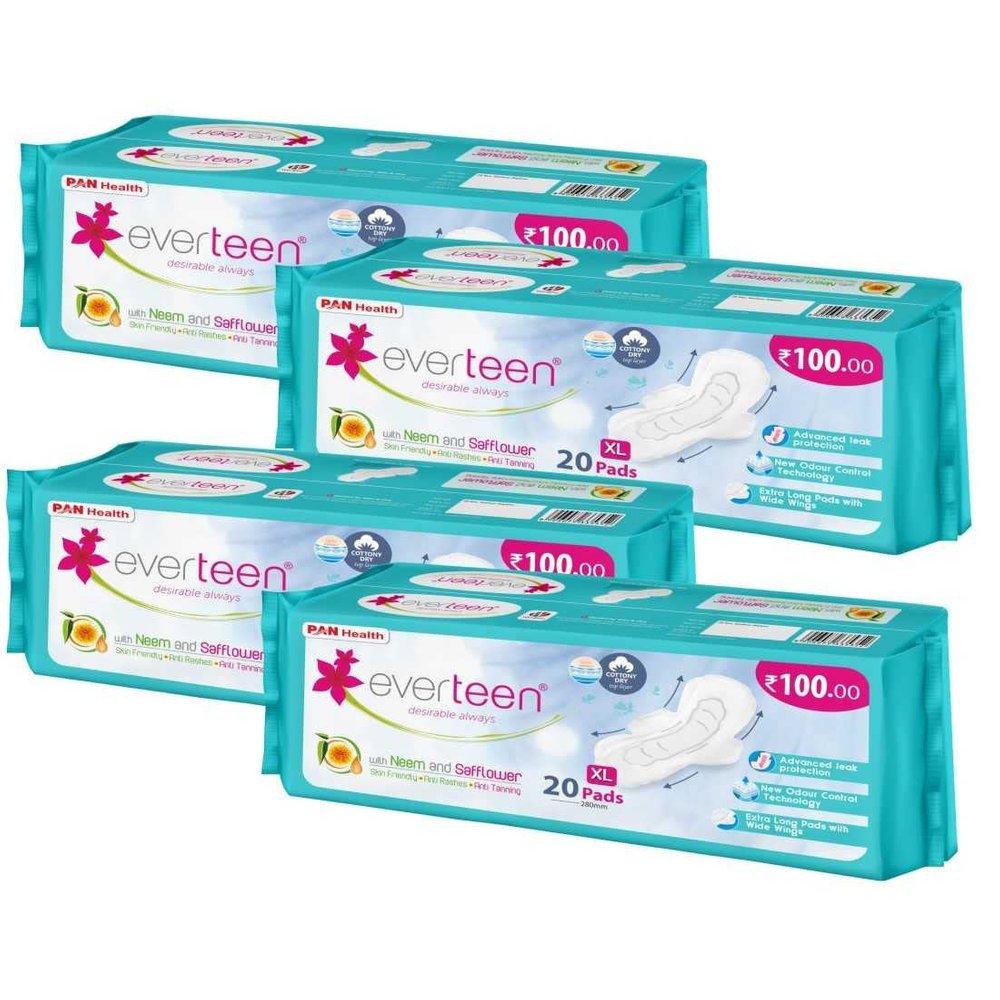 everteen XL Dry 80 Sanitary Pads for Women, 280mm Sanitary Napkin Infused with Neem-Safflower Rash Free, Skin Friendly, Advanced Leak Protection, X Large - 4 Packs (20 Pads Each)